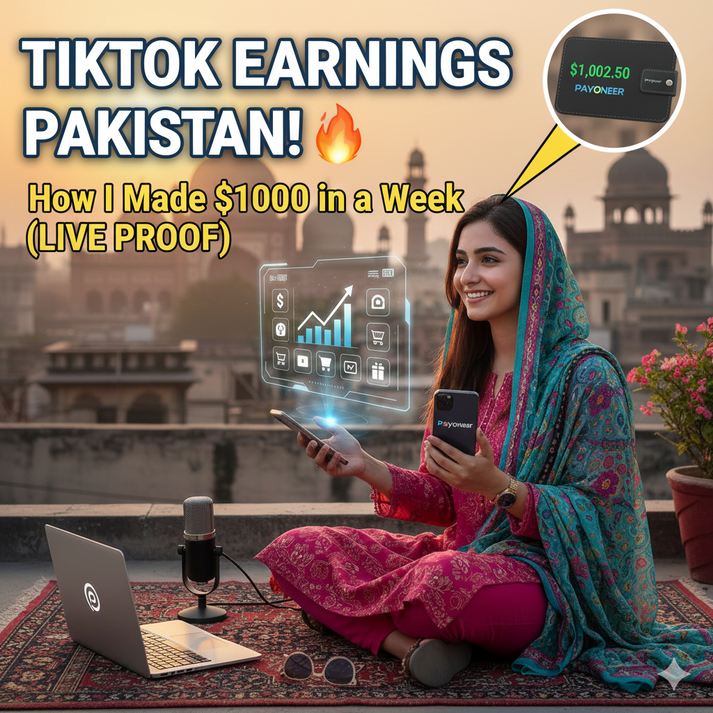 A young Pakistani woman in a pink traditional dress smiling while using a smartphone on a balcony with a Lahore city background, featuring a glowing holographic chart showing dollar growth.